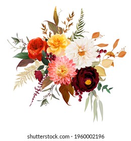 Moody boho chic wedding vector design bouquet. Warm fall and winter tones. Orange red, rust, burgundy, brown, cream, gold, beige, coral autumn colors. Rose flower, dahlia, ranunculus, eucalyptus,berry