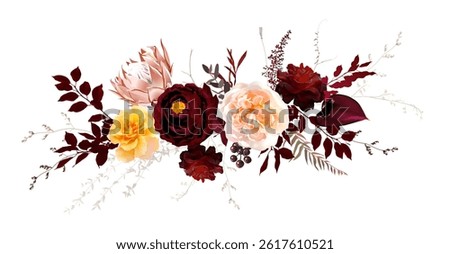 Moody boho trendy vector design floral bouquet. Peachy orange and yellow rose, burgundy red dahlia and rose, dark anthurium, blush protea, brown plants. Wedding decoration. Isolated and editable