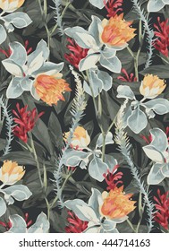 Vintage Blumenmuster Druck für T-Shirt oder Kleidung. Klassische Tapete mit floralen Elementen und Retro-Farben.