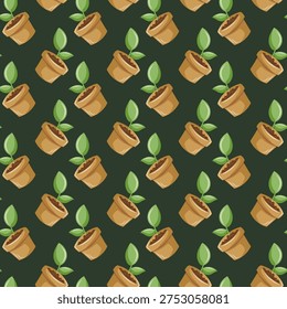 Moody botanical seamless pattern with sprouts on dark green