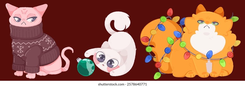 Moody Christmas cats set isolated on background. Vector cartoon illustration of funny pets wearing knitted sweater, playing with Xmas tree toy and garland lights, angry face, greeting card mascots