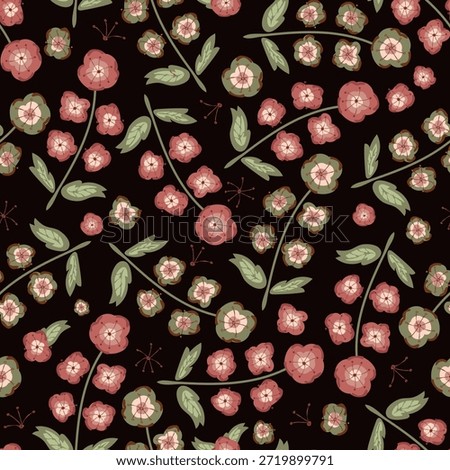 Moody cottagecore vector floral sprigs. Vector seamless background pattern. Hand-drawn tossed red green flowers on black backdrop . Grandmillenial granny chic for packaging, giftwrap. Boho botanicals