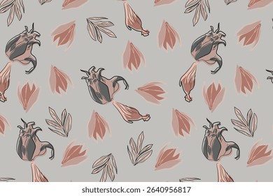 A moody floral composition blending noir tones with soft mocha and minimal line art blooms—ideal for luxe textiles and stylish branding.