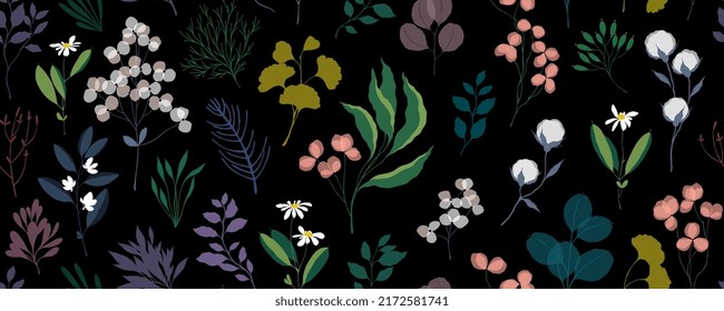 Moody floral seamless pattern with many decorative flowers, leaves and twigs. For fashion fabrics, wallpaper and interior design, children’s clothing, T-shirts, postcards, templates and scrapbooking. 