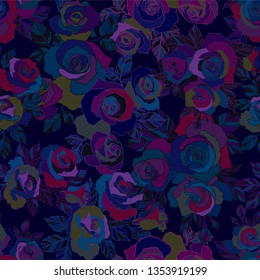 Moody Florals. Seamless colorful pattern with dark roses and leaves. The design is suitable for clothes, wallpaper, background.