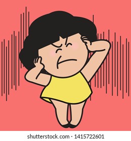 Moody Girl With Hearing Hypersensitivity. Woman's Noise Sensitivity Facial Expression Concept Card Character illustration