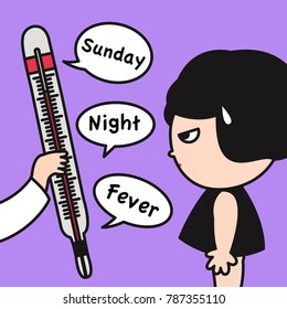 Moody Girl Looking At Her Sunday High Fever Showed On Thermometer Concept Card Character illustration