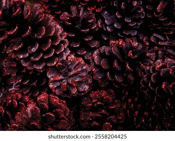 Moody Glittery Red Pine Cones Christmas Decor. vector moody glittery red.