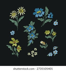 Moody hand drawn wild flowers vector  with vintage botanical floral style