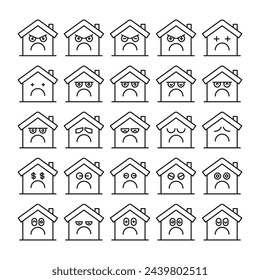 moody home emoticons icons set vector illustration