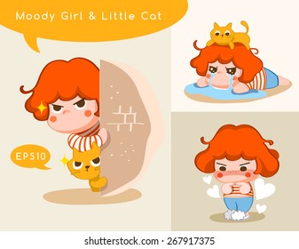 Moody Little Girl and her cat : Character Illustration