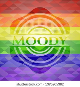 Moody on mosaic background with the colors of the LGBT flag