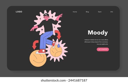 Moody Personality trait. A dynamic character balancing on mood spheres, representing emotional instability and temperament shifts. Flat vector illustration