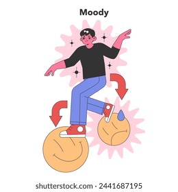 Moody Personality trait. A dynamic character balancing on mood spheres, representing emotional instability and temperament shifts. Flat vector illustration