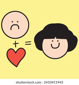 Moody Round Shape Face Plus Heart Is Equal To A Happy One. Mathematics Symbol Of Happiness Concept Card Character illustration