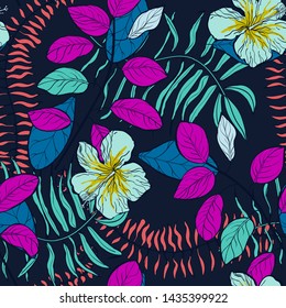 Moody Tropical flowers and leaves of plants jungle vector seamless pattern. Exotic floral print for swimsuits, fabrics, wallpapers. Floral background with ethnic leaves and flowers.