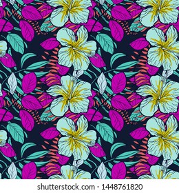 Moody Tropical flowers and leaves of plants jungle vector seamless pattern. Exotic floral print for swimsuits, fabrics, wallpapers. Floral background with ethnic leaves and flowers.