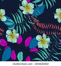 Moody Tropical flowers and leaves of plants jungle vector seamless pattern. Exotic floral print for swimsuits, fabrics, wallpapers. Floral background with ethnic leaves and flowers.
