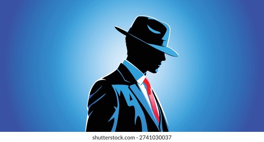 A moody vector illustration of a mysterious man wearing a classic fedora and suit with a red tie. This noir-inspired silhouette captures a sense of detective mystery and retro cinematic style.