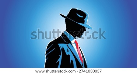 A moody vector illustration of a mysterious man wearing a classic fedora and suit with a red tie. This noir-inspired silhouette captures a sense of detective mystery and retro cinematic style.