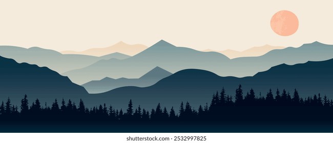 A moody vector landscape featuring mountains, hills, and tree silhouettes at sunset. Soft gradients and twilight tones create an atmospheric scene. Vector illustration.