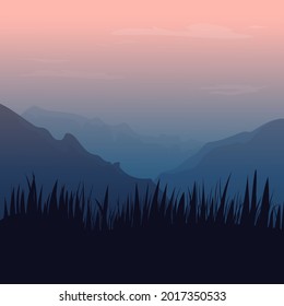 Moody Vektorgrafik: Berge in Nebel bei Sonnenuntergang oder Morgengras.  Rosa und blaue Landschaft.