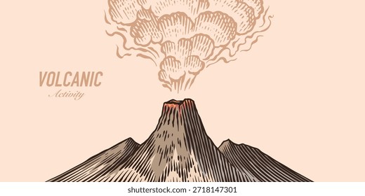 Lustige Vulkanausbruch Landschaft Szene. Vulkanaktivität und Explosion, Lava kommt aus dem Berg. Konzept für Naturkatastrophen. handgezeichnete Gravur Illustration Stift und Tinte Linie Kunst.