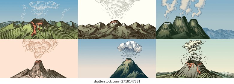 Moody volcano eruption landscape scenes. Volcanic activity and explosion, lava coming out of mountain. Natural disaster concept. hand drawn engraving illustration pen and ink line art.