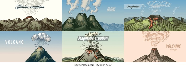 Landschaftsszenen mit launischen Vulkanausbrüchen. Vulkanaktivität und Explosion, Lava kommt aus dem Berg. Konzept für Naturkatastrophen. handgezeichnete Gravur Illustration Stift und Tinte Linie Kunst.