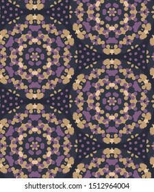 Moody wax print daisy flower background. Seamless pattern with golden bleached resist background. Irregular purple dip dyed batik textile. Variegated color in indonesia style trendy fashion all over.
