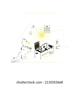 The Moomin standing near office table and holding a cup of coffee. There are notebook, papers, donut, small Christmas tree, box with pens and scissors and a black cat on the table.
