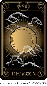 The Moon. The 18th card of Major arcana black and gold tarot cards. Tarot deck. Vector hand drawn illustration with skulls, occult, mystical and esoteric symbols.