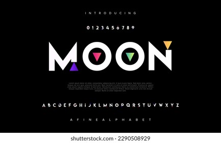 L'alphabet de police du logo de la technologie numérique abstrait de la lune. Polices urbaines modernes minimes pour le logo, la marque, etc. Typographie majuscule minuscule et nombre. illustration vectorielle
