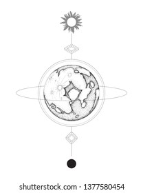 Moon. Abstract drawing, sacred geometry tattoo. Vector illustration EPS 10 isolated on white background. 