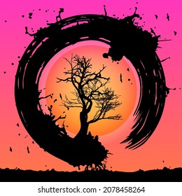 MOON WITH ABSTRACT SILHOUETTE IN PURPLE SKY BACKGROUND.