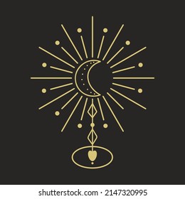 Moon adorned with rays of magical element vector illustration. Heavenly esoteric golden symbol. Mystical sign for horoscopes and predictions isolated object