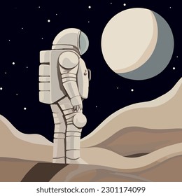 Moon Adventure, Abstract Hand-Drawn Poster with Astronaut in Art Deco Illustration