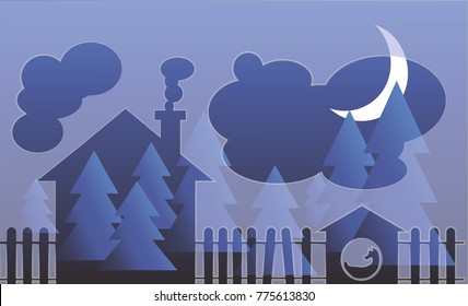 The moon against the background of the house and trees, winter landscape, dark blue clouds floating across the sky, in the courtyard in the booth a dog comes from the chimney smoke