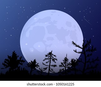 The moon against the blue of the night sky. Nightly forest. Stars are shining in space. Vector illustration.