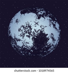 Moon against dark night sky full of stars on background. Celestial body, lunar astronomical object or satellite in outer space. Monochrome vector illustration hand drawn in trendy dotwork style.