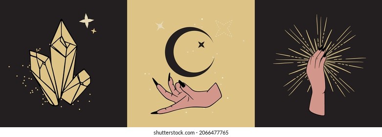 Alquimia lunar tarjeta mística esotérica, talismán celeste mágico con manos de mujer, sol y luna, constelación de estrellas geometría sagrada negro 