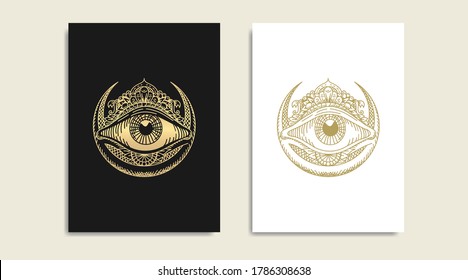 Moon with All seeing eye, symbol of the Masons, eye and  gold logo, spiritual guidance tarot reader design. engraving, decorative illustration tattoo