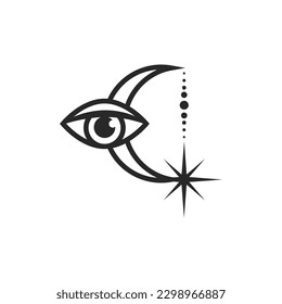 Moon and all-seeing eye line art element isolated. Esoteric composition of vector elements, Graphic design tattoo.