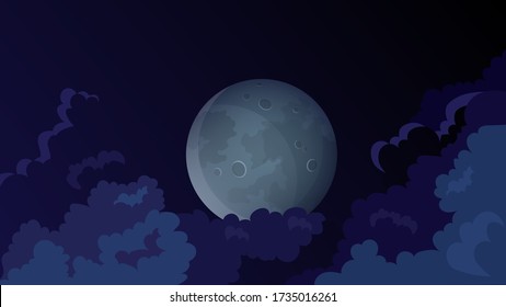Luna entre las nubes. Hermoso paisaje nocturno.
