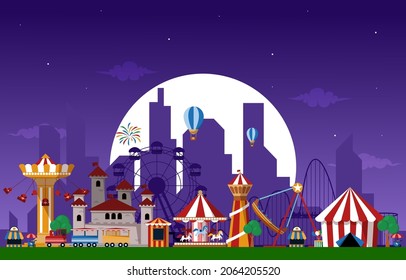 Moon Amusement Park Fun Fair Carnival Flat Vector Illustration