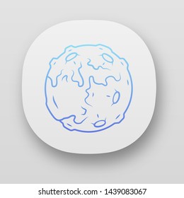 Moon app icon. Earth satellite. Fantastic planet with volcanoes. Solar system body. Astronomic. Space exploration. UI/UX user interface. Web or mobile applications. Vector isolated illustrations