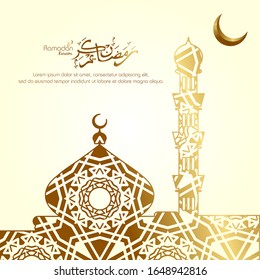 Luna, caligrafía árabe y silueta de mezquita con efecto oro. Diseño islámico Ramadan kareem para saludos, tarjetas, afiches, banner y fondo.