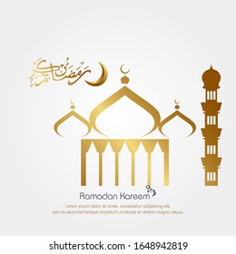 Mond, arabische Kalligrafie und Moschee Silhouette mit goldenem Effekt. Ramadan Kareem ist ein islamisches Design für Grußkarten, Karten, Poster, Banner und Hintergrund.