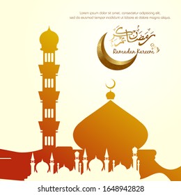 Moon, arabic calligraphy and mosque silhouette with gold effect. Ramadan kareem islamic design for greeting, card, poster, banner and background.