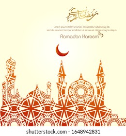 Moon, arabic calligraphy and mosque silhouette with gold effect. Ramadan kareem islamic design for greeting, card, poster, banner and background.